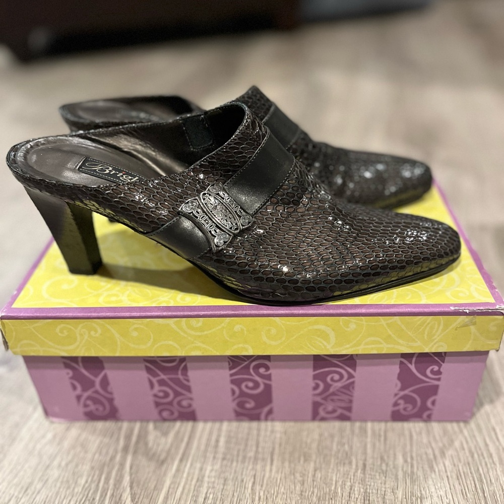 Brighton Pewter and Brown Snake Print Mules Size 10